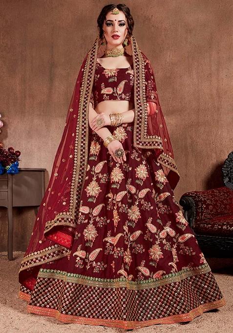 Dark Maroon Embroidered Art Silk Lehenga Set