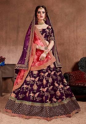 Dark Purple Embroidered Art Silk Lehenga Set