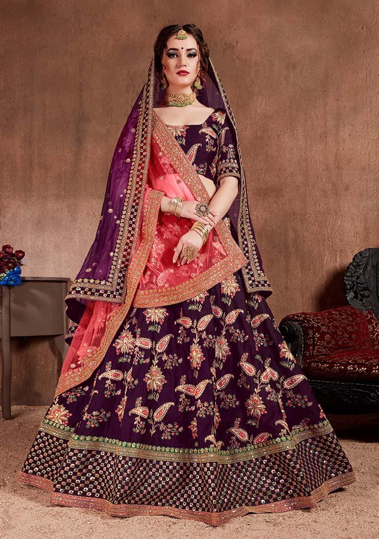 Dark Purple Embroidered Art Silk Lehenga Set