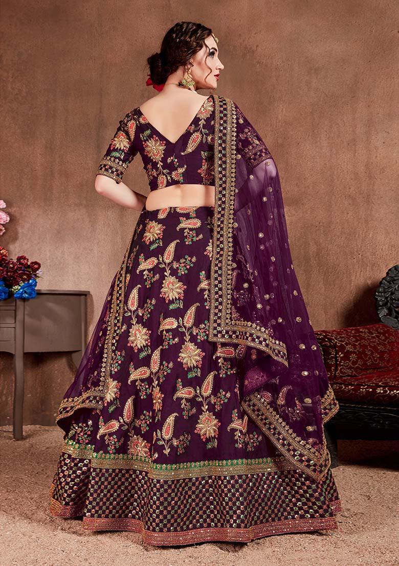 Dark Purple Embroidered Art Silk Lehenga Set