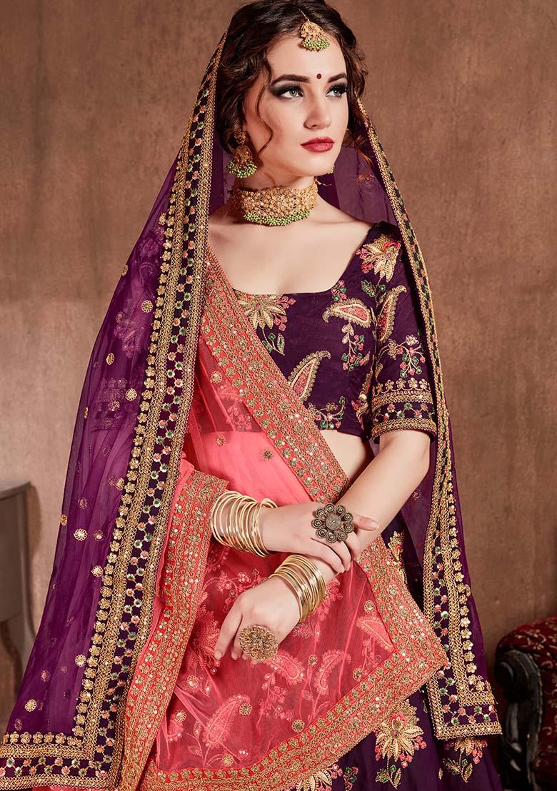 Dark Purple Embroidered Art Silk Lehenga Set