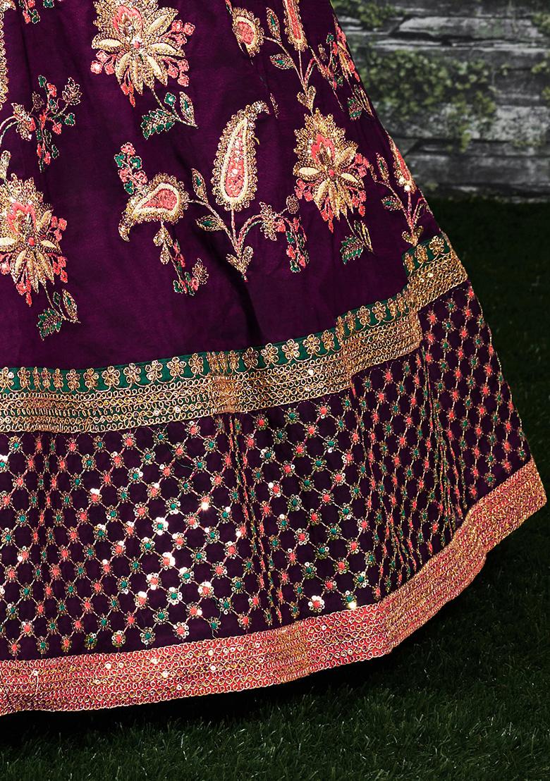 Dark Purple Embroidered Art Silk Lehenga Set