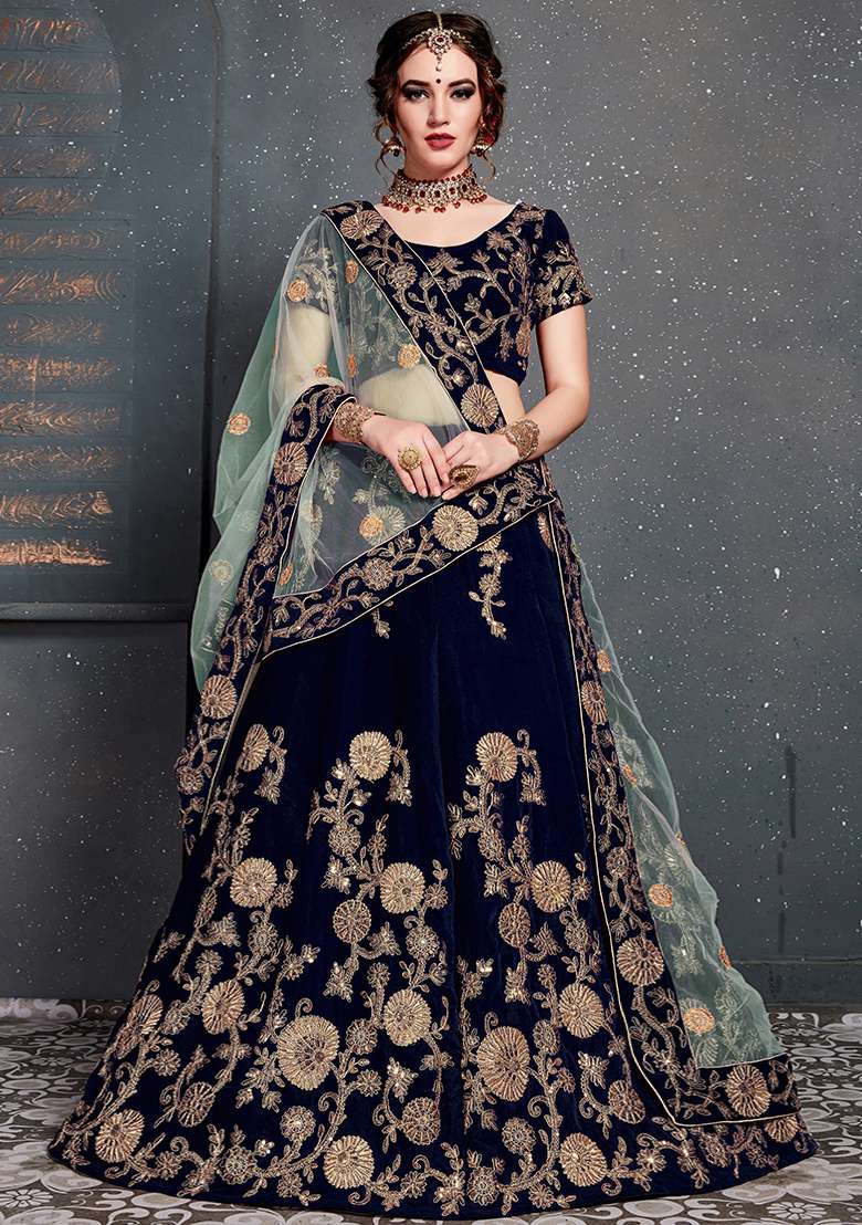 Navy Blue Velvet Lehenga Set with Embroidered for Diwali | Wedding & Festive Wear - Indya