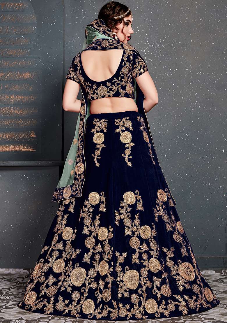 Navy Blue Velvet Lehenga Set with Embroidered for Diwali | Wedding & Festive Wear - Indya
