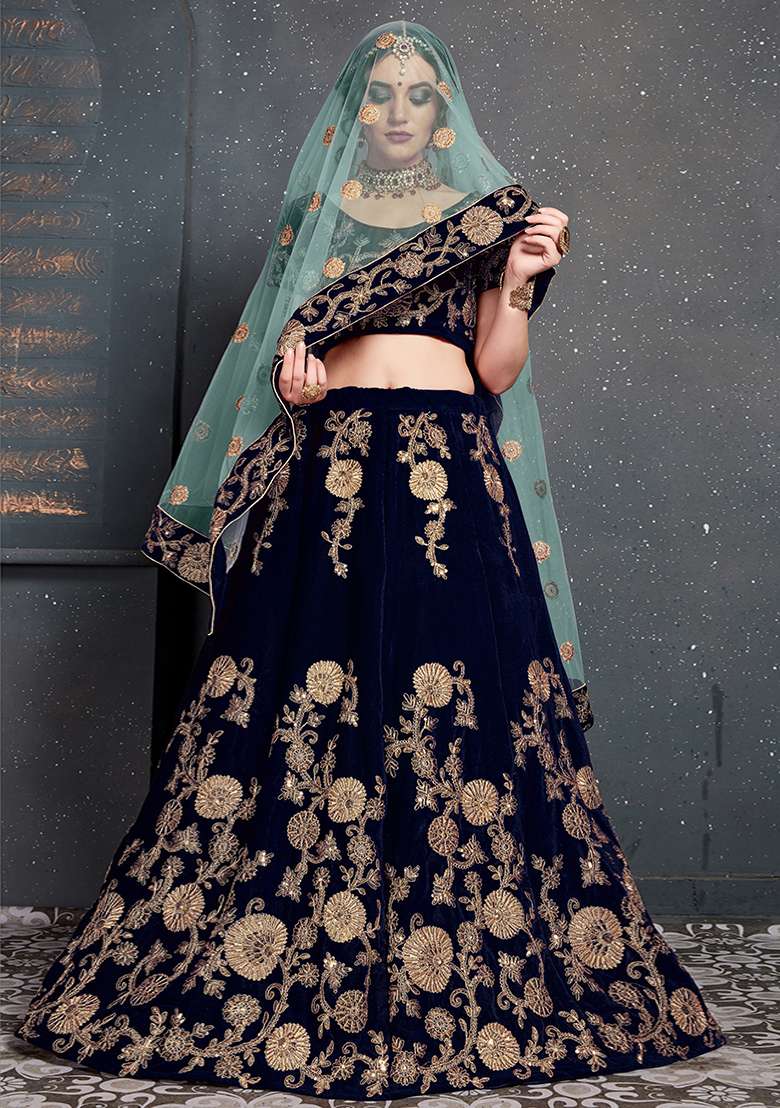 Navy Blue Velvet Lehenga Set with Embroidered for Diwali | Wedding & Festive Wear - Indya