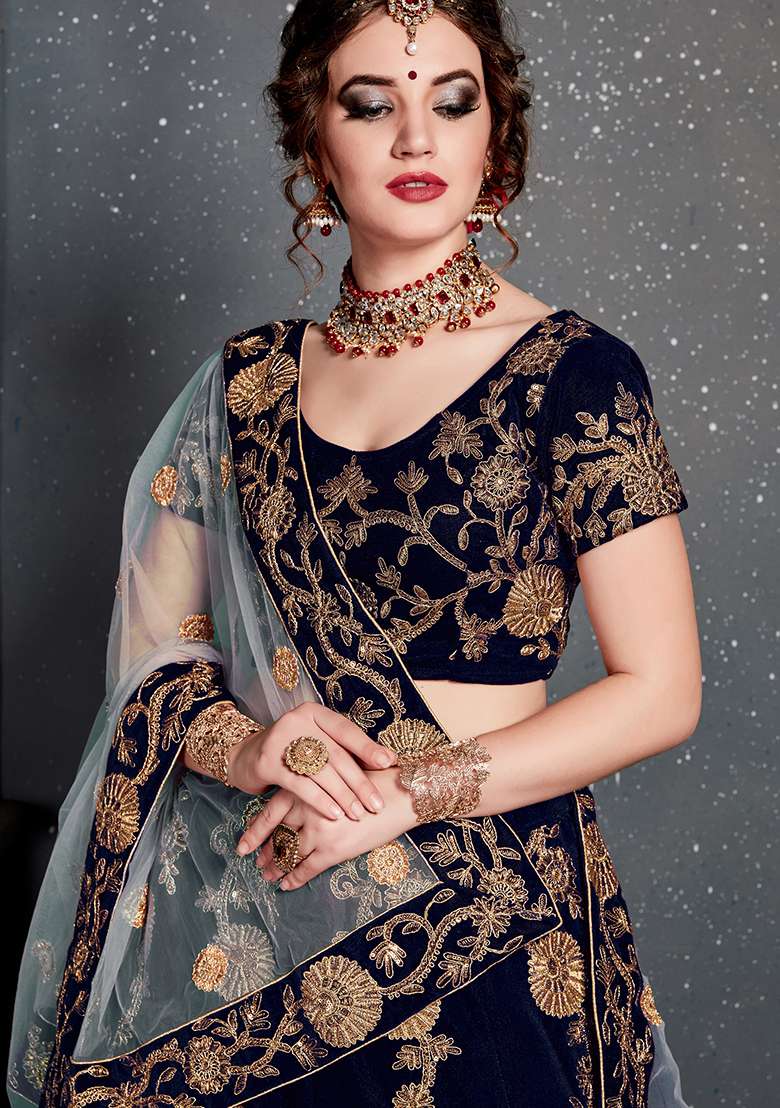 Navy Blue Velvet Lehenga Set with Embroidered for Diwali | Wedding & Festive Wear - Indya