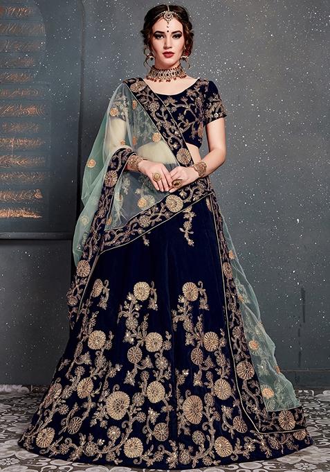 Navy Blue Embroidered Velvet Lehenga Set