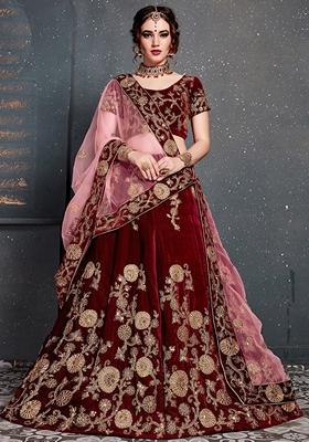Maroon Embroidered Velvet Lehenga Set