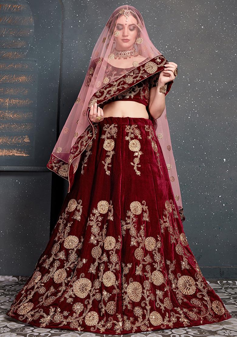 Maroon Embroidered Velvet Lehenga Set