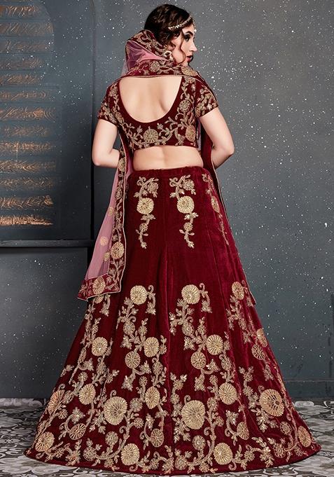 Maroon Embroidered Velvet Lehenga Set