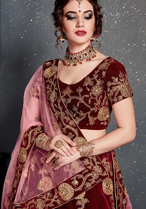Maroon Embroidered Velvet Lehenga Set