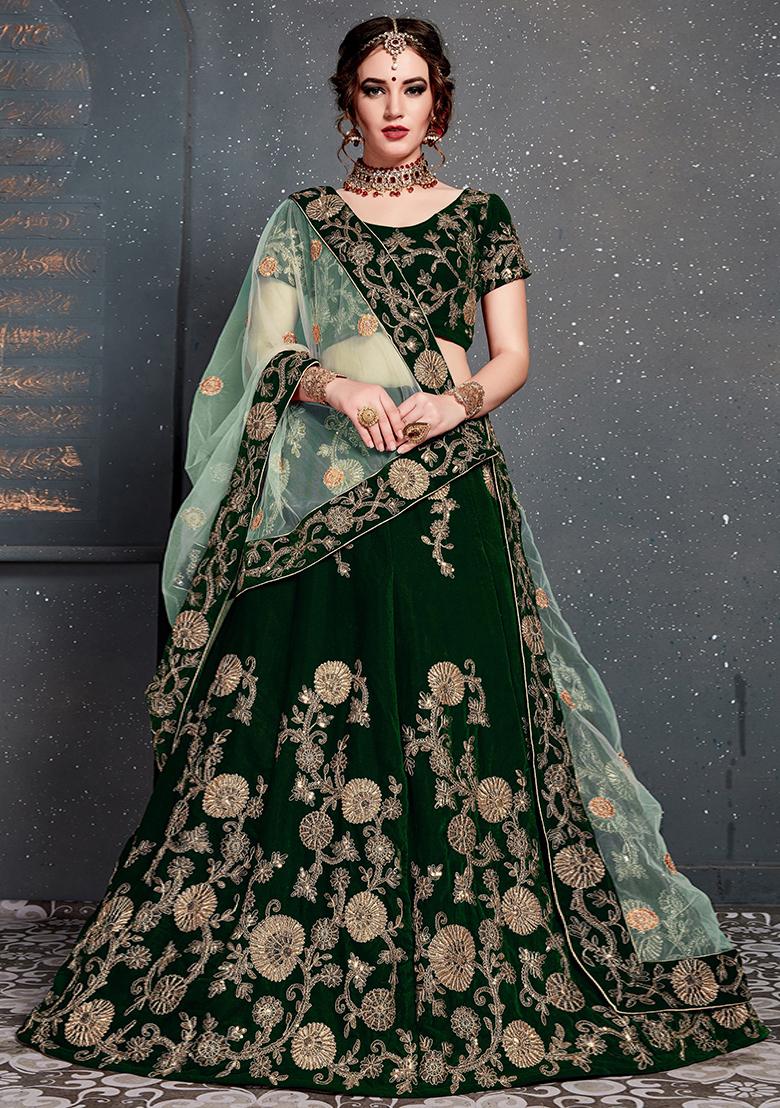 Dark Green Embroidered Velvet Lehenga Set