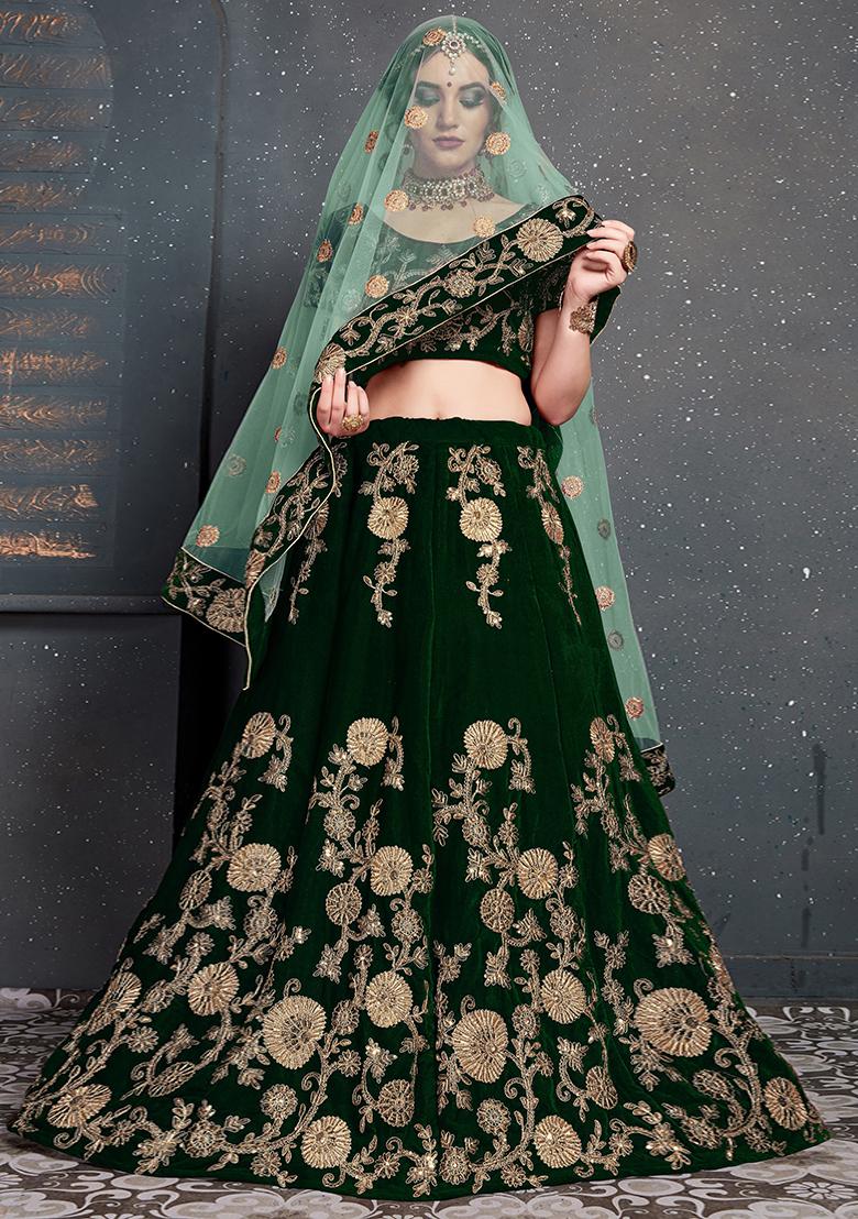 Dark Green Embroidered Velvet Lehenga Set