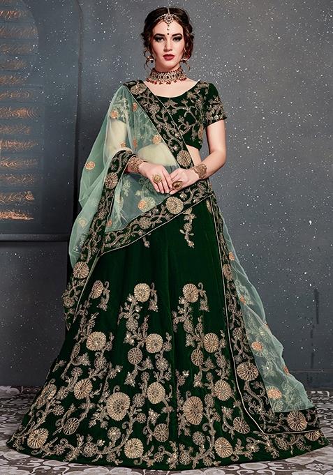 Dark Green Embroidered Velvet Lehenga Set