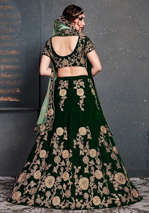 Dark Green Embroidered Velvet Lehenga Set