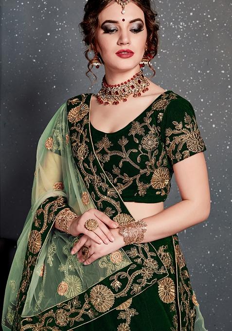 Dark Green Embroidered Velvet Lehenga Set
