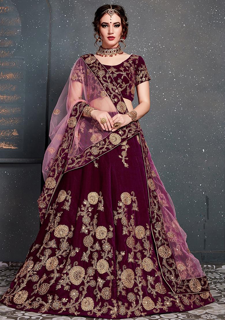 Purple Embroidered Velvet Lehenga Set