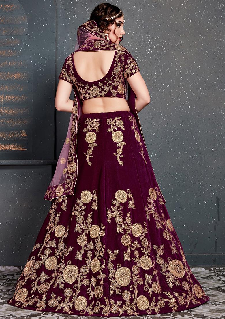 Purple Embroidered Velvet Lehenga Set