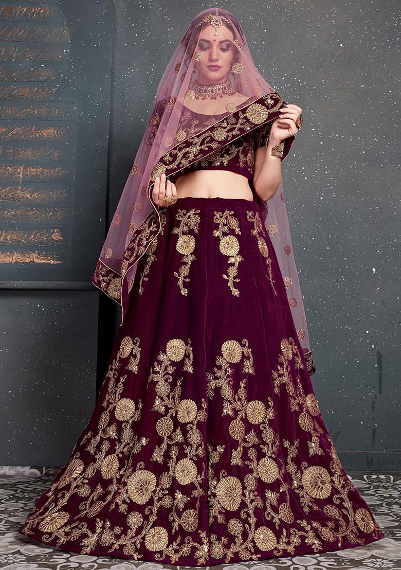Purple Embroidered Velvet Lehenga Set
