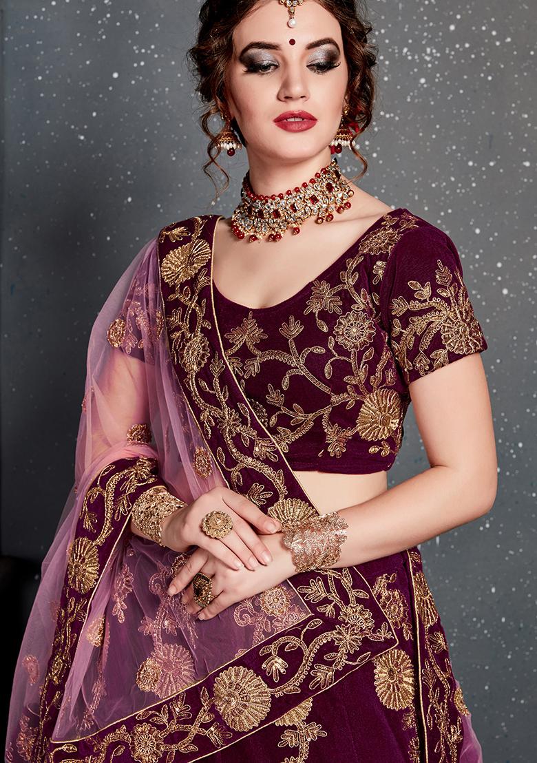 Purple Embroidered Velvet Lehenga Set