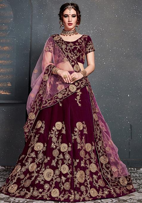 Purple Embroidered Velvet Lehenga Set