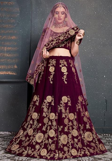 Purple Embroidered Velvet Lehenga Set