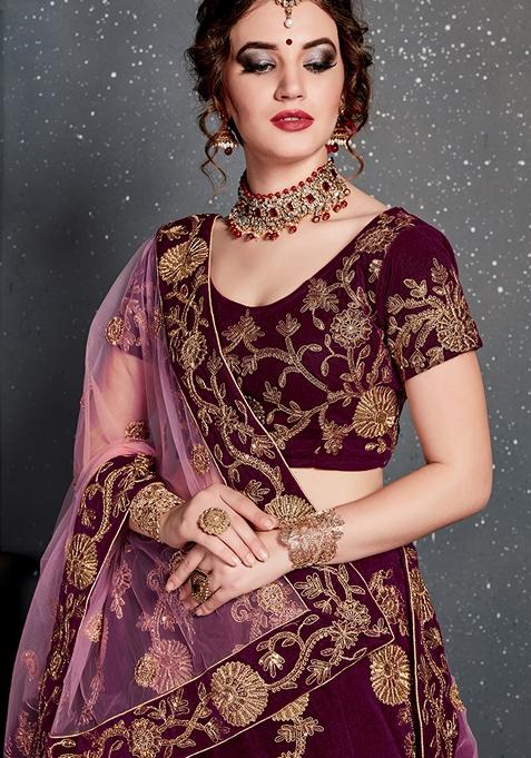 Purple Embroidered Velvet Lehenga Set