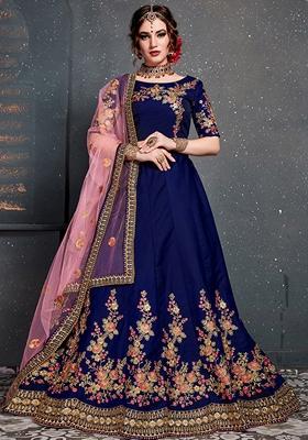 Dark Blue Embroidered Taffeta Satin Silk Lehenga Set