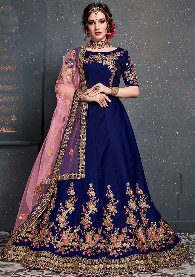 Dark Blue Embroidered Taffeta Satin Silk Blend Lehenga Set for Diwali and Festive Wear - Indya