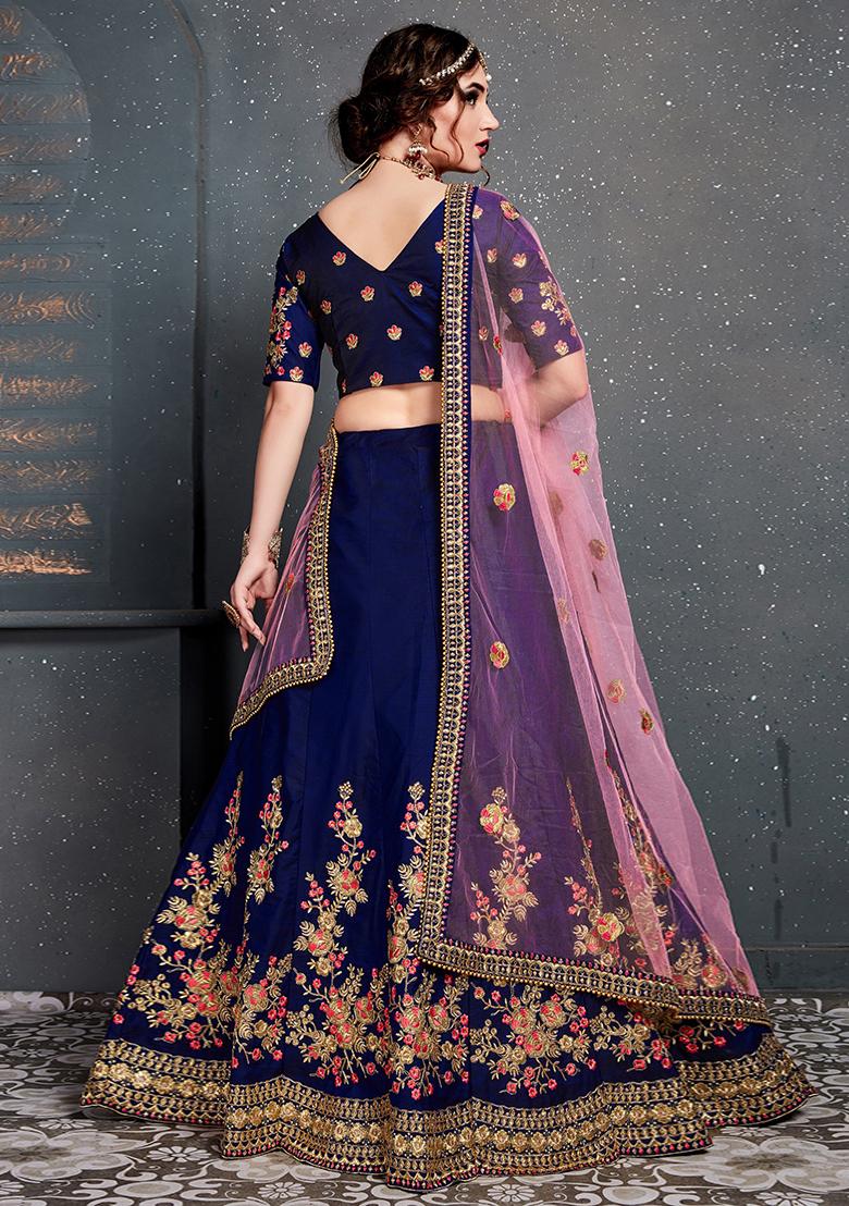 Dark Blue Embroidered Taffeta Satin Silk Lehenga Set