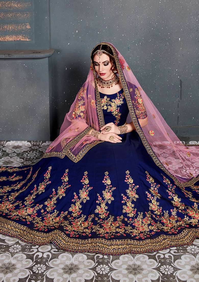 Dark Blue Embroidered Taffeta Satin Silk Blend Lehenga Set for Diwali and Festive Wear - Indya