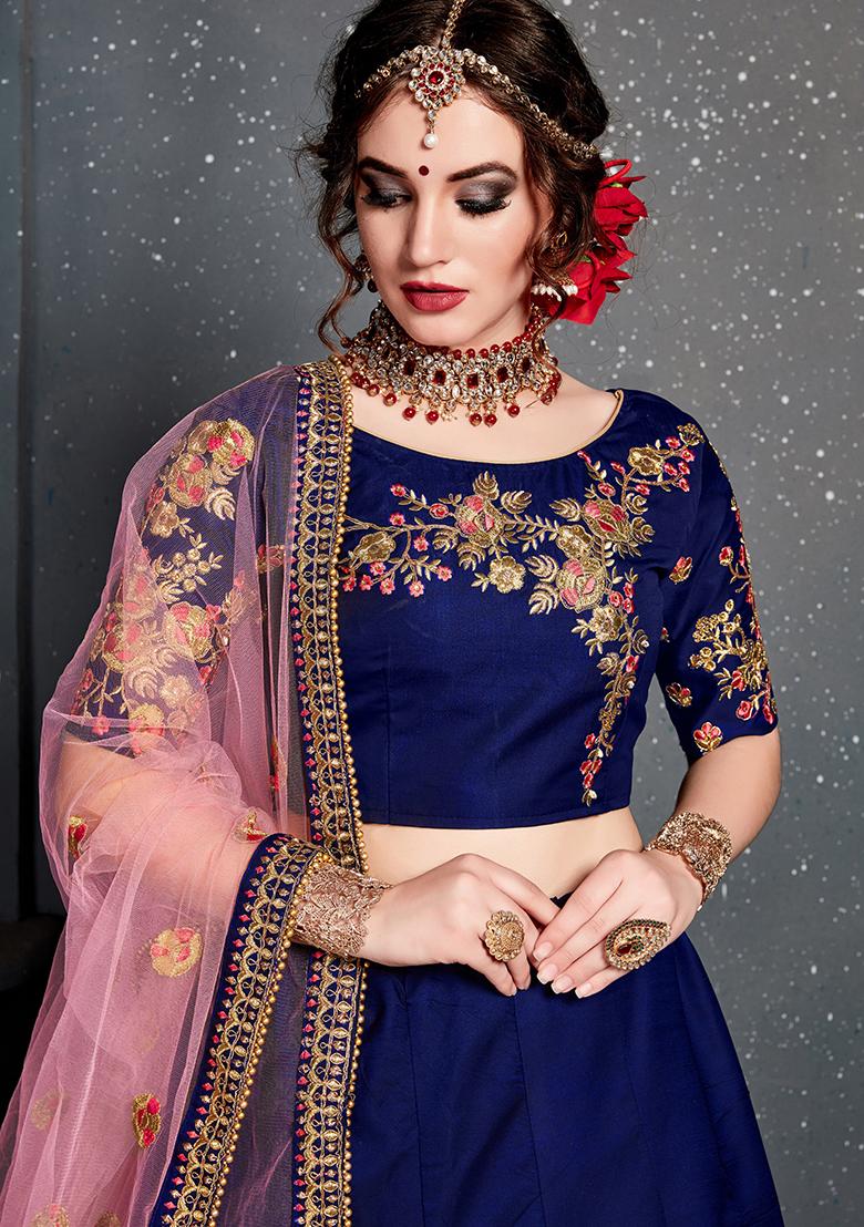 Dark Blue Embroidered Taffeta Satin Silk Lehenga Set