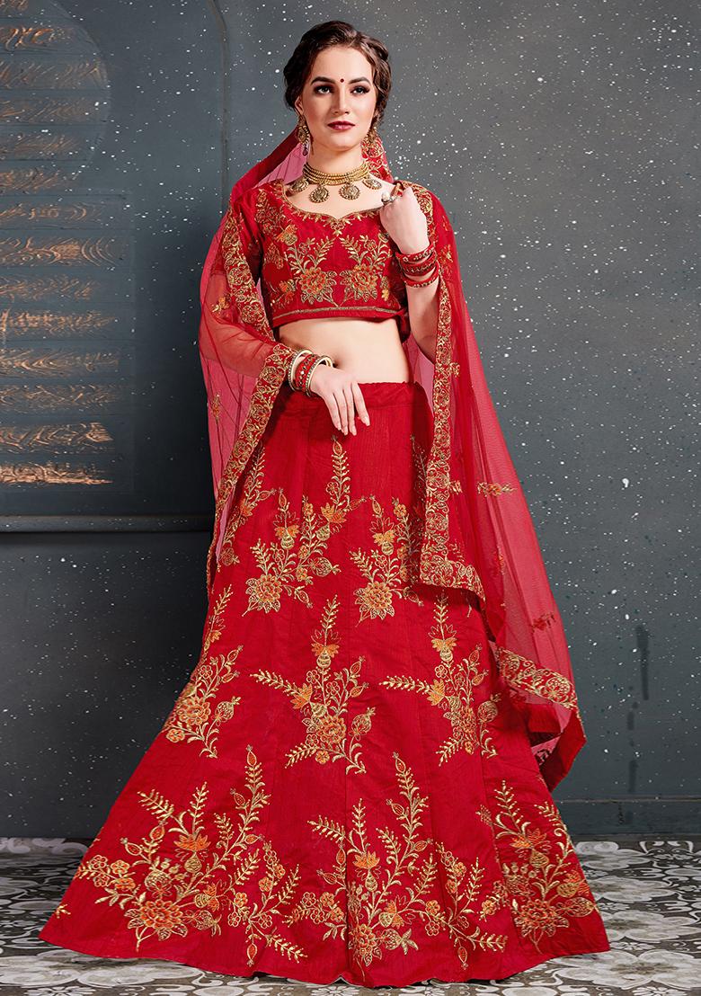 Red Embroidered Slub Silk Lehenga Set