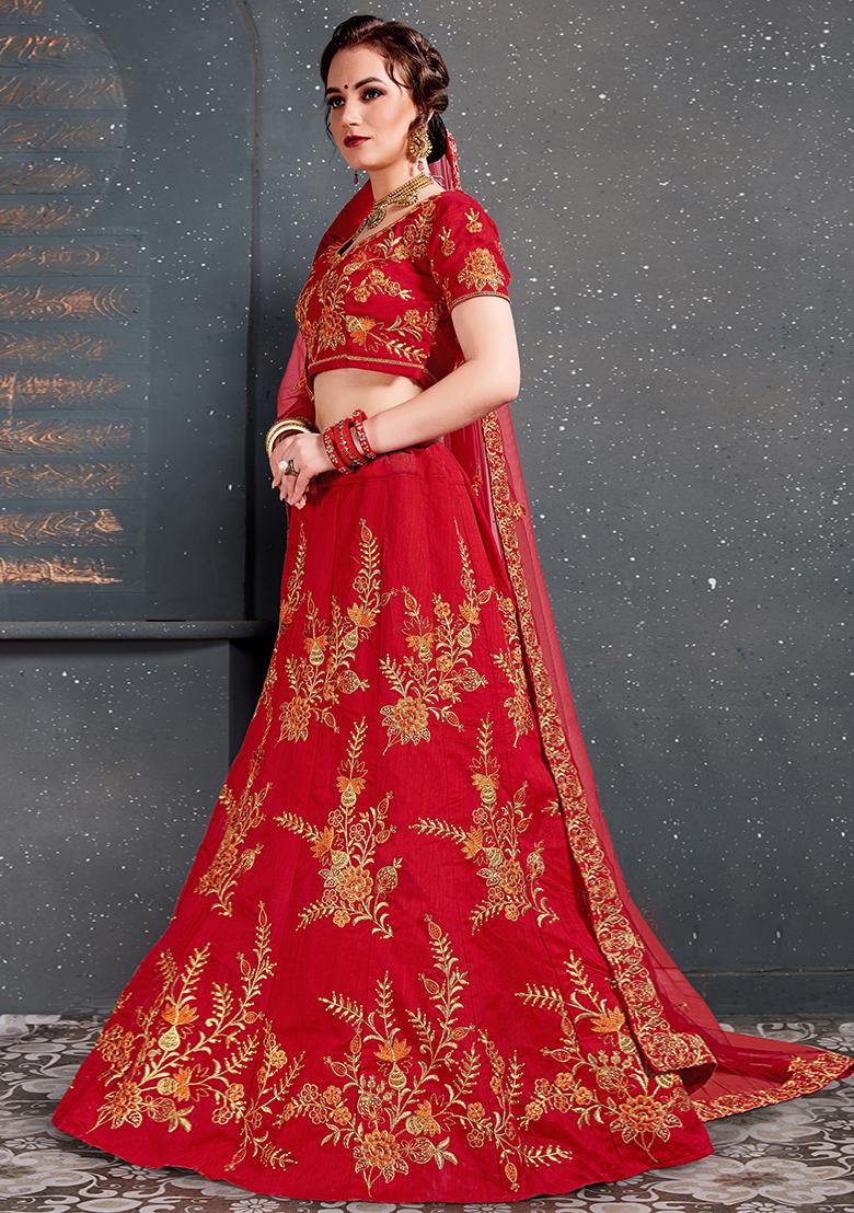 Red Embroidered Slub Silk Lehenga Set
