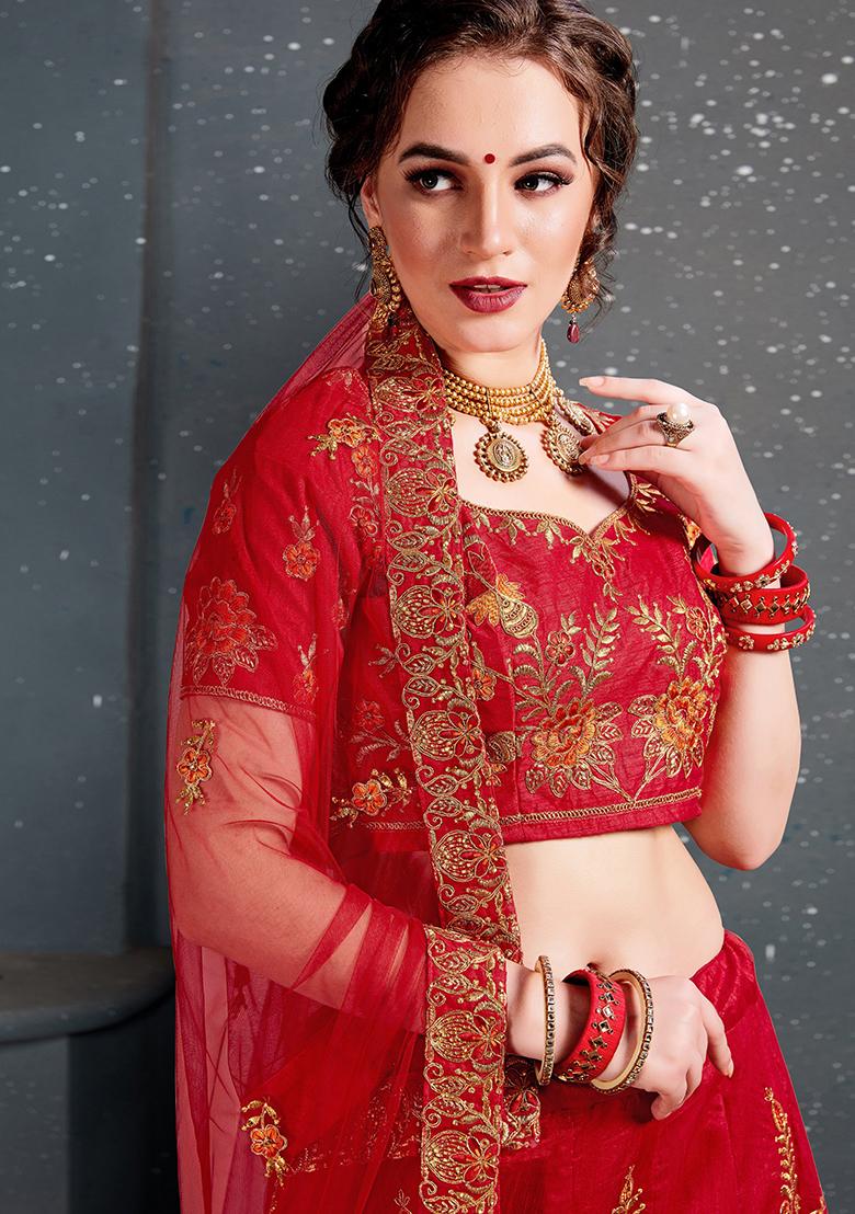 Red Embroidered Slub Silk Lehenga Set