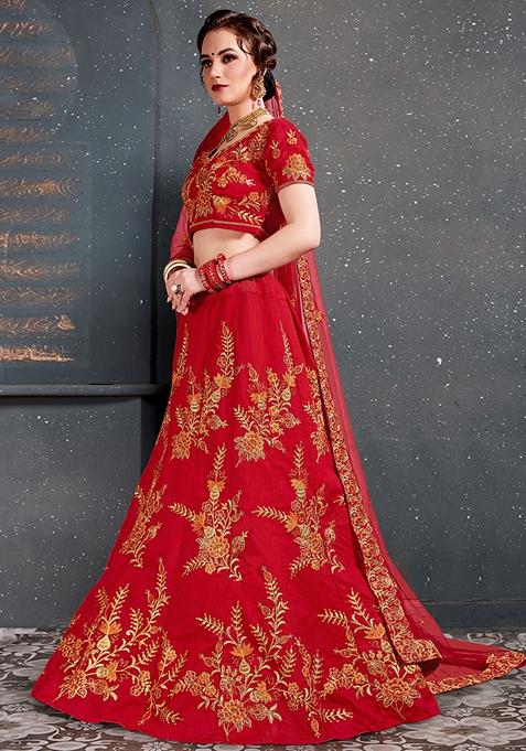 Red Embroidered Slub Silk Lehenga Set