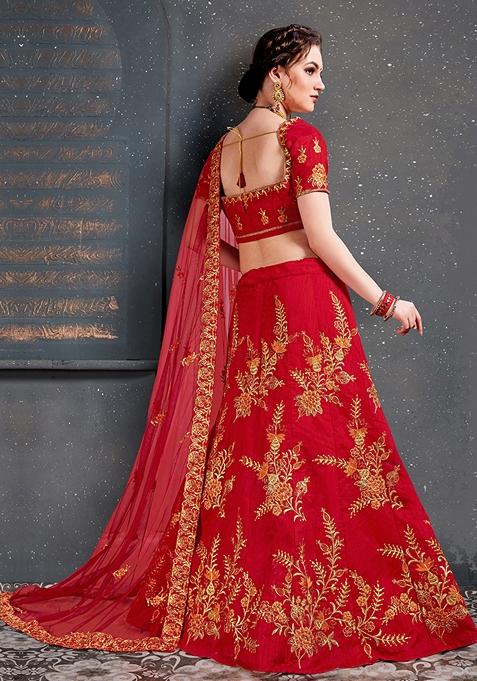 Red Embroidered Slub Silk Lehenga Set
