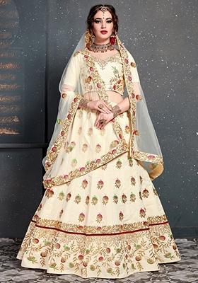 Cream Embroidered Slub Silk Lehenga Set