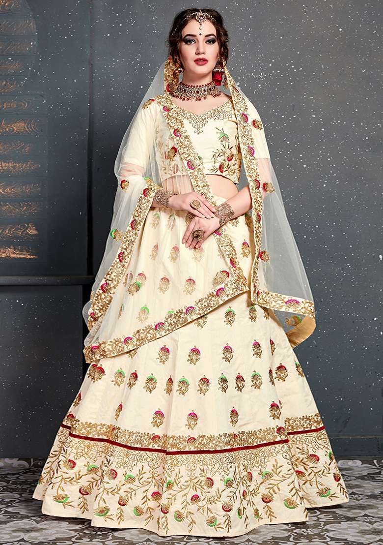 Cream Slub Silk Blend Lehenga Set with Embroidered for Diwali | Wedding & Festive Wear - Indya