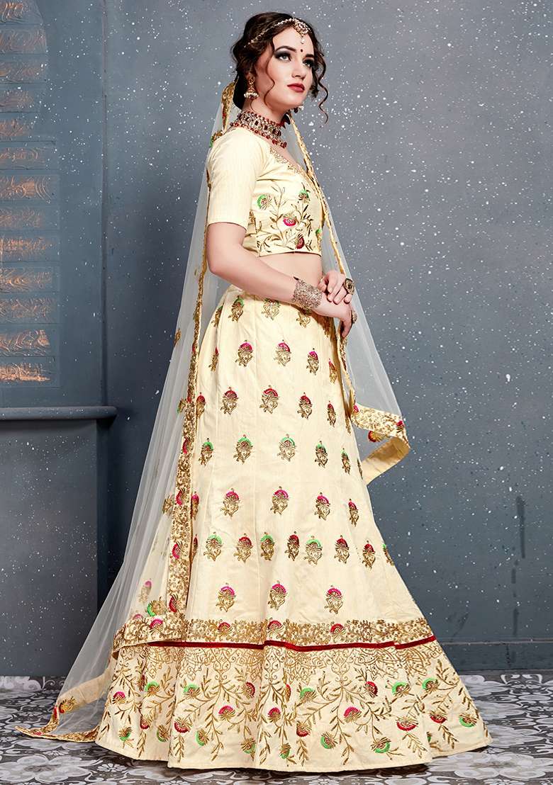 Cream Slub Silk Blend Lehenga Set with Embroidered for Diwali | Wedding & Festive Wear - Indya