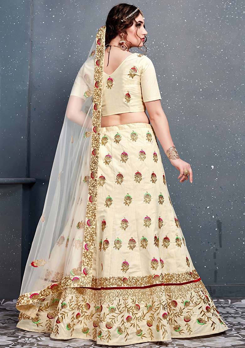 Cream Slub Silk Blend Lehenga Set with Embroidered for Diwali | Wedding & Festive Wear - Indya