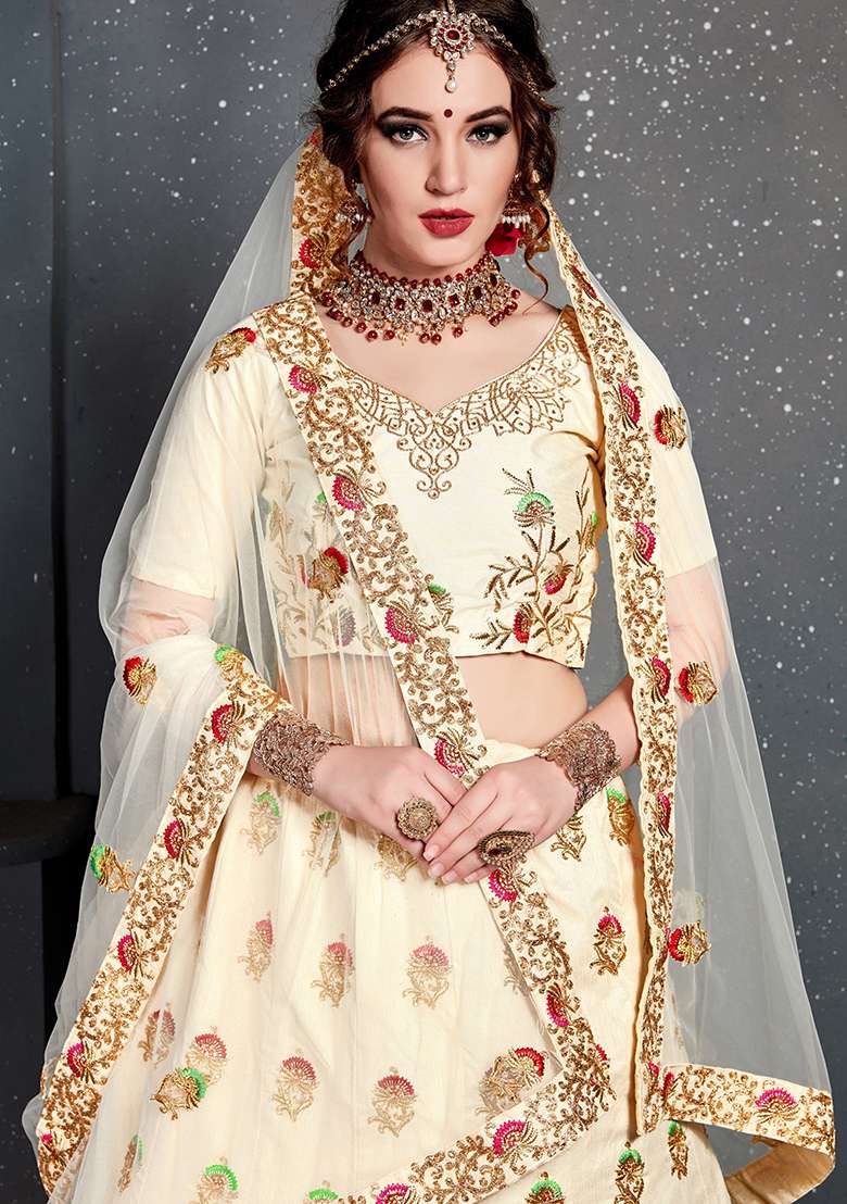 Cream Slub Silk Blend Lehenga Set with Embroidered for Diwali | Wedding & Festive Wear - Indya