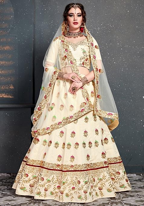 Cream Embroidered Slub Silk Lehenga Set