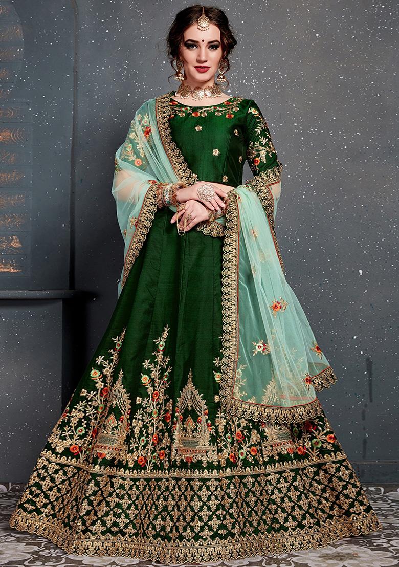 Dark Green Embroidered Taffeta Satin Silk Lehenga Set