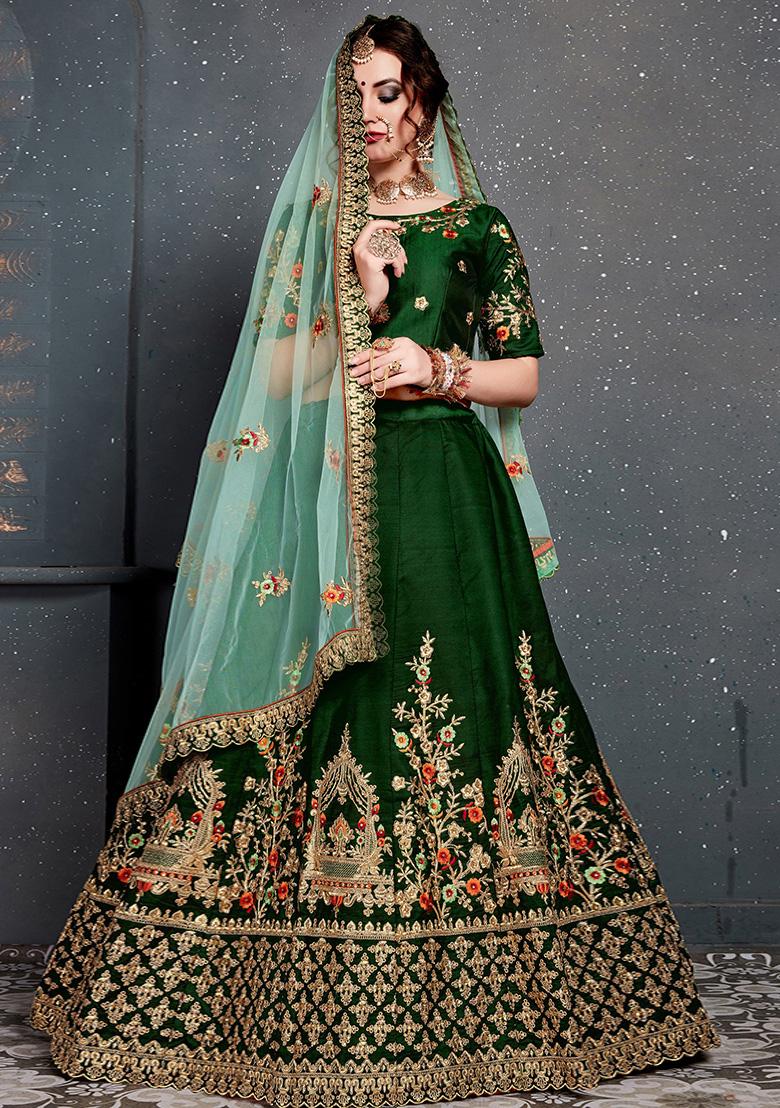 Dark Green Embroidered Taffeta Satin Silk Lehenga Set