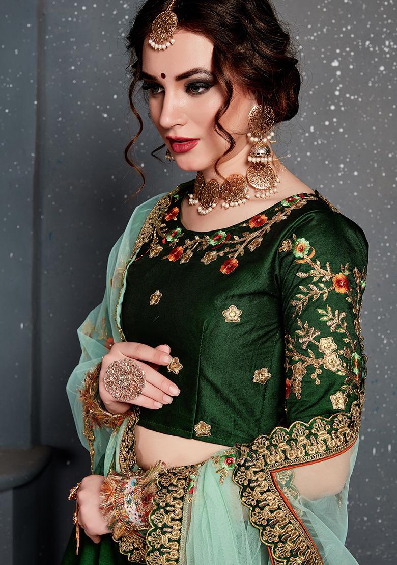 Dark Green Embroidered Taffeta Satin Silk Lehenga Set