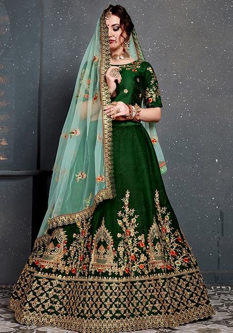 Dark Green Embroidered Taffeta Satin Silk Lehenga Set