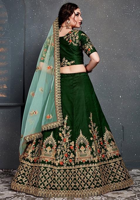 Dark Green Embroidered Taffeta Satin Silk Lehenga Set