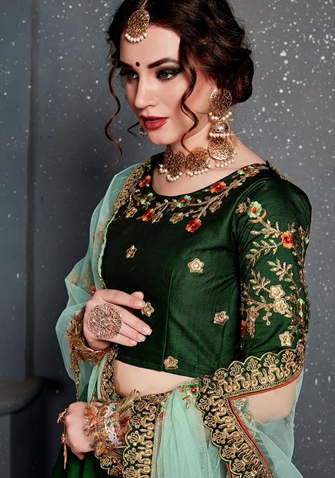 Dark Green Embroidered Taffeta Satin Silk Lehenga Set