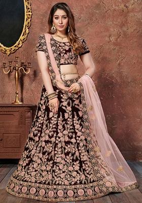 Maroon Embroidered Velvet Lehenga Set